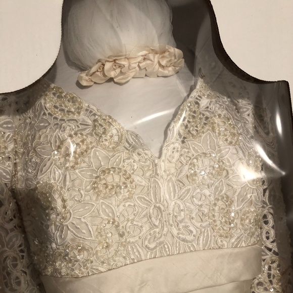 Vintage Shantung Silk w/Beaded Lace Wedding Dress S - Picture 8 of 10